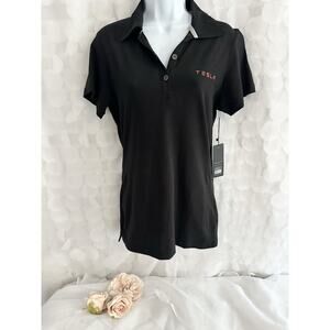 Tesla women’s large Polo Shirt Black Color Short Sleeves Collared Buttons Logo